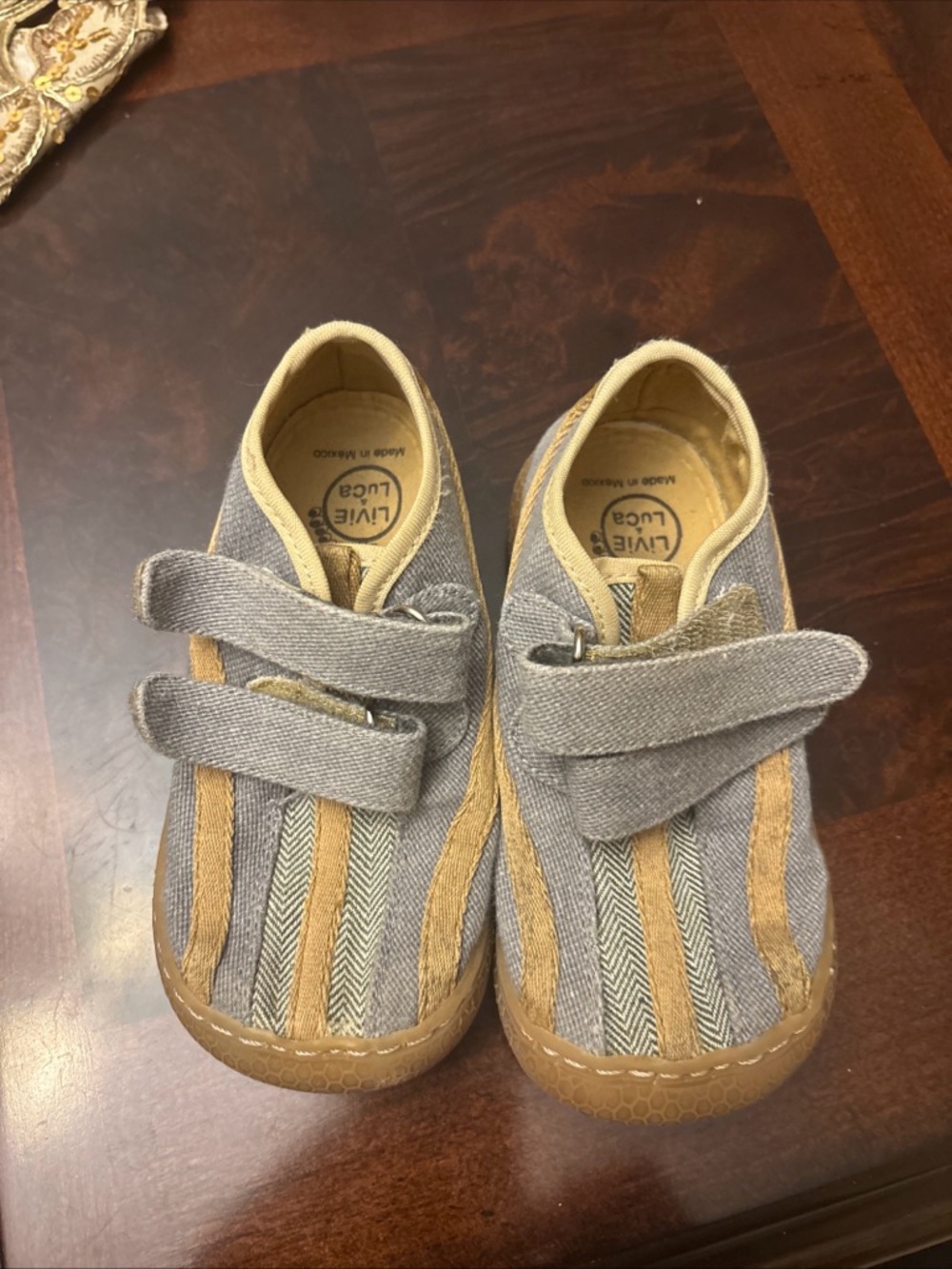 Livie & Luca Gray and Tan Velcro Stripe Sneakers
